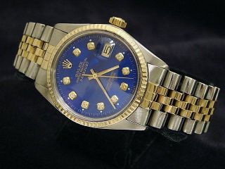 Rolex Datejust Mens 18k Gold & Steel Watch W/ Submariner Blue Diamond Dial 16013