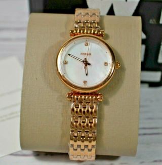 Nwt Fossil Carlie Mini Rose Gold Tone Stainless Steel Ladies 