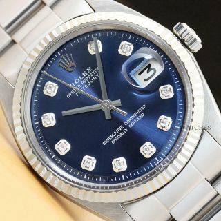 Mens Rolex Datejust Blue Diamond 18k White Gold/ss Steel Watch W/oyster Band