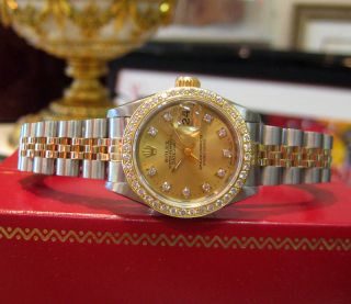Ladies Rolex Oyster Perpetual Datejust Two - Tone 18k Yellow Gold & Steel Diamonds