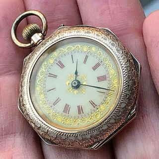 Antique 9 Ct Gold Pocket Watch With Enamel Decoration