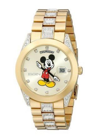 Mens Elgin Disney Mickey Mouse Mck209 Day Date Gold Tone Bracelet Watch