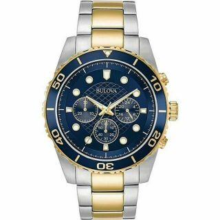 Bulova Marine Star Two - Tone Chronograph Watch Blue Dial Quartz Mens Watch 98a170