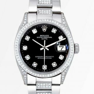 34mm Rolex Oyster Perpetual Date Stainless Steel Watch Black Diamond Dial