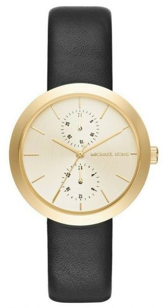 Nwt Michael Kors Mk2574 Garner Womens Gold Dial Black Leather Strap Quartz Watch