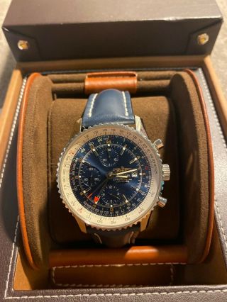 Breitling Navitimer 46mm World Gmt Blue Dial Blue Leather Strap A2432212 A24322