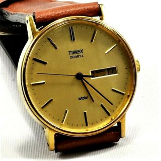 Vintage Style Timex Quartz Gold Tone Men Watch W/r Leather Strap Battery