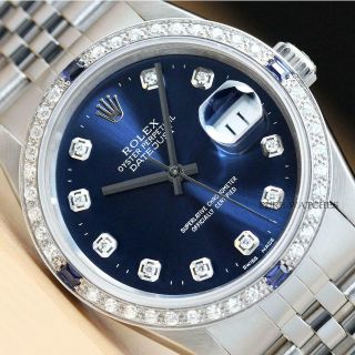 Mens Rolex Datejust 16234 Quickset 18k White Gold Diamond Sapphire Watch