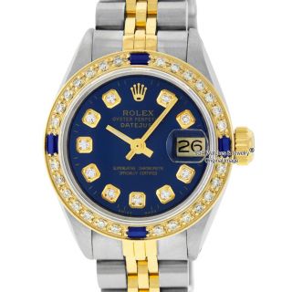 Rolex Ladies Datejust Ss & 18k White Gold Blue Diamond Dial & Sapphire Bezel