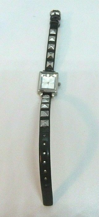 Ladies Silver Tone Rectangular Watch With Silver Tone Studded Black Band A126 - 12
