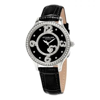 Stuhrling 760.  02 760 02 Chic Crystals Heart Black Leather Strap Womens Watch
