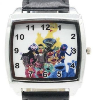 Sesame Street Characters Stainless Steel Case Leather Band Wrist Watch