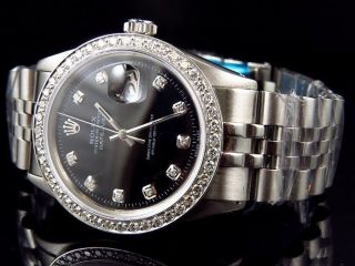 Mens Stainless Steel Rolex Datejust Jubilee Black Dial Diamond Watch With 2.  15ct