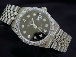 Rolex Datejust Mens Stainless Steel Black Diamond Dial & 1ct Diamond Bezel Watch