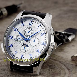 44mm Parnis White Dial Case Blue Marks Moon Phase Multi - Function Automatic Watch