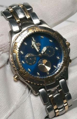 Fossil Blue Mens Wrist Watch Triple Date Day Night Sun Moon Gold Mens Watch Look