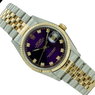 Rolex Watch Mens Datejust 16013 18k Yellow Gold & Steel Violet With Diamond Dial