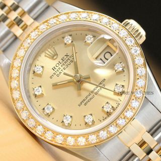 Ladies Rolex Datejust Factory Diamond Dial 18k Gold Diamond Bezel Watch