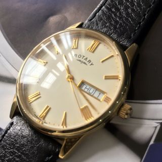 Mens Rotary Dress Watch Windsor Gold Steel Black Leather Twin Date