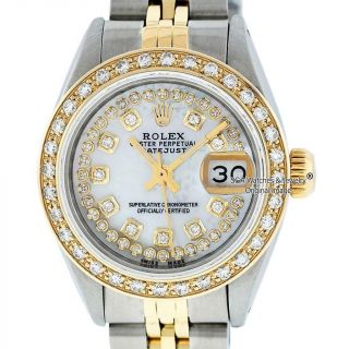 Rolex Women Datejust Ss & 18k Yellow Gold Mop String Diamond Bezel Dial