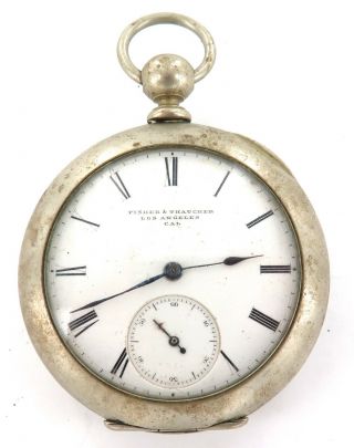 RARE c1875 USA PRIVATE LABEL POCKET WATCH “FISHER & THATCHER,  LOS ANGELES,  CAL 