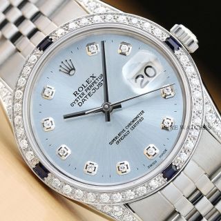 Mens Rolex Datejust Ice Blue 18k Gold Sapphire Diamond,  Bezel & Lugs Watch