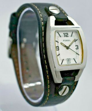 Women ' s FOSSIL Fuel Steel Watch,  Black Leather Cuff,  White Dial Date JR8129 2
