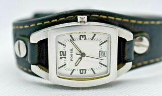 Women ' s FOSSIL Fuel Steel Watch,  Black Leather Cuff,  White Dial Date JR8129 3
