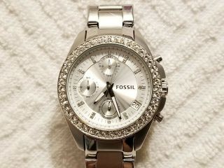 Fossil Chronograph Silver Tone Watch Swarovski Crystals Bezel Stainless Steel