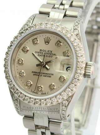 Womens Rolex Datejust Ss 26mm Silver Diamond Dial Diamond Lugs Diamond Bezel