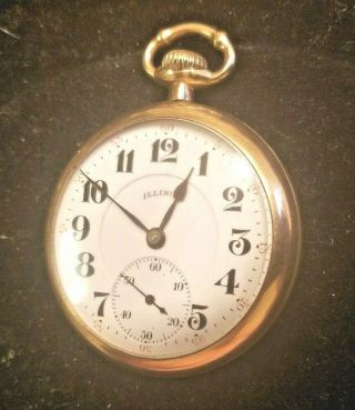 Antique 1922 Illinois 19 Jewels 10k Gold Filled Open Face Size 16 Pocket Watch.