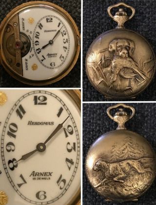 Vintage Hebdomas Arnex 8 Days 15 Jewels Swiss Made Hunting Dog Pocket Watch