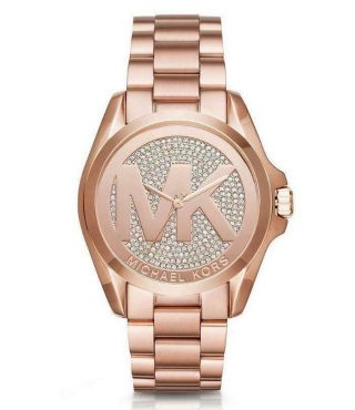 Michael Kors Bradshaw Mk Logo Rose Gold W/ Crystal Bling Stainless Watch Nwt
