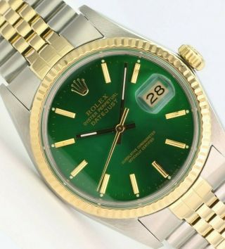 Rolex Watch Mens Datejust 16013 18k Yellow Gold & Steel Green Dial Stick Markers