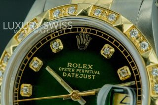 Rolex Men ' s Datejust 16013 Two - Tone 36mm Green Vignette Diamond Dial Pyramid 6