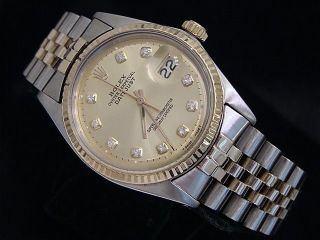 Rolex Datejust Mens 2tone 14k Yellow Gold Stainless Steel Champagne Diamond 1601