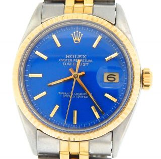 Rolex Datejust Mens 2tone 14k Yellow Gold & Steel Watch Jubilee Blue Dial 1601