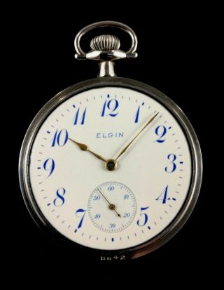 Elgin 16s 17J 3 Finger Bridge Pocket watch Fancy Dial Nickel Case Near 3