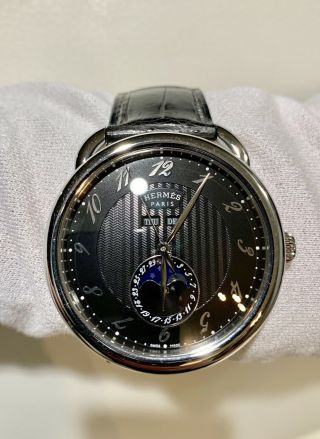 Hermes Arceau Grande Lune Steel Ar8.  810 Moonphase 43mm Watch Allig Strap