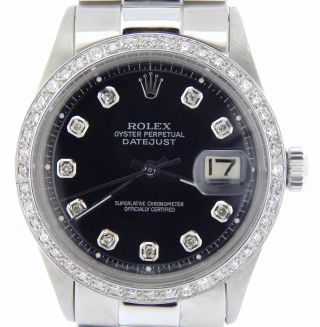 Rolex Datejust Mens Stainless Steel Watch Black Diamond W/ President Style Band