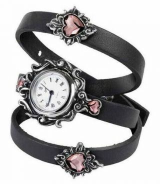 Alchemy England - Heartfelt Wrist Watch,  Black Leather,  Gothic Swarovski Crystal