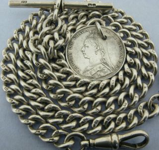 Heavy Antique Solid Silver Double Albert Watch Chain & Coin Fob 1908 17 & ¾ Inch