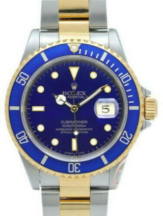 1999 Rolex Submariner Blue Watch 16613 18k Yellow Gold Steel,  Box Papers 40 Mm