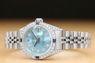 ROLEX LADIES DATEJUST ICE BLUE SAPPHIRE DIAMOND 18K WHITE GOLD STEEL WATCH 2