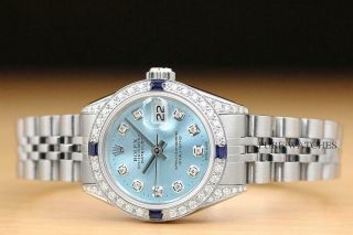 ROLEX LADIES DATEJUST ICE BLUE SAPPHIRE DIAMOND 18K WHITE GOLD STEEL WATCH 3