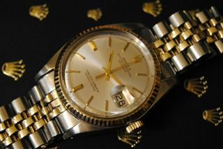 Vintage Rolex Datejust 1601 14k Gold / Steel 36mm Silver Pie Pan Mens Watch