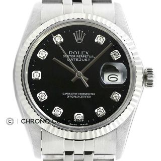 Rolex Mens Datejust Black Diamond Dial Quickset 18k White Gold & Steel Watch