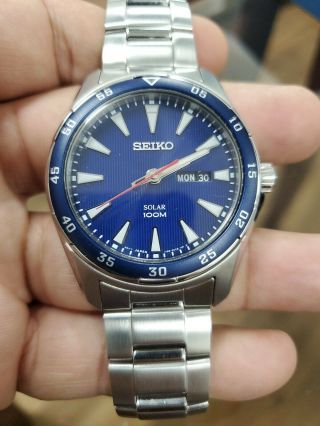 Seiko Solar Sne391 Silver Tone Stainless Steel Blue Dial 100m Date Mens Watch