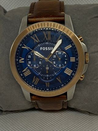 Fossil Fs5150 Grant Chronograph Men’s Brown Leather Blue Analog Dial Watch C682
