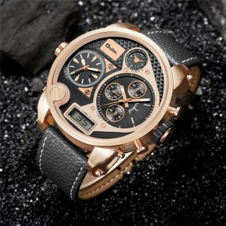 Oulm Men Fashion Sport Watches Big Face 3 Time Zone Quartz Watch Leather Band